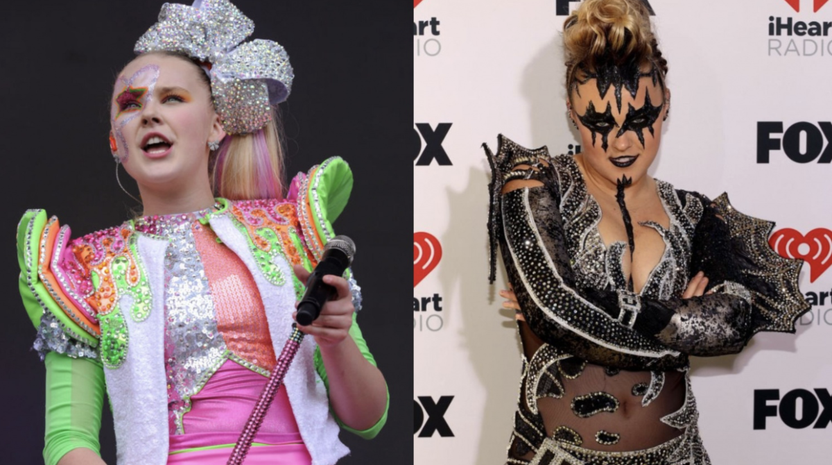 JoJo Siwa before her transformation wearing her iconic bow versus now after her epic change.  